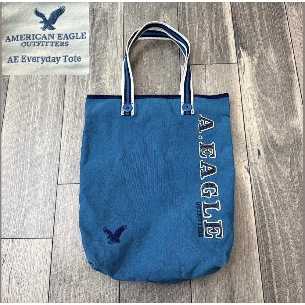 American Eagle Outfitters AE Everyday Tote Blue Canvas Shoulder Bag Zip Pocket